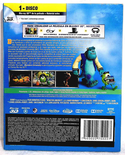 Monsters University Disney Pixar Blu-ray 3d Original