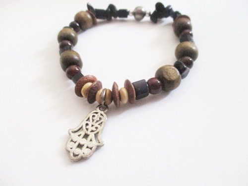 Vishudi Pulsera Con Obsidiana Madera Y Mano Hamsa