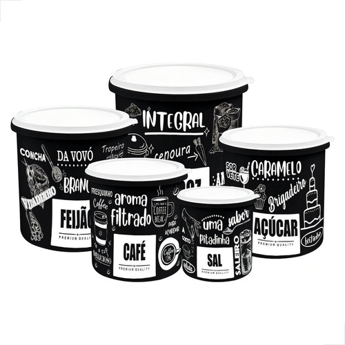 Kit 5 Potes De Mantimentos Plástico Decorado Preto Frases