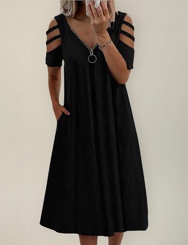 Vestido De Manga Corta Con Cremallera Y Cuello En V De Color