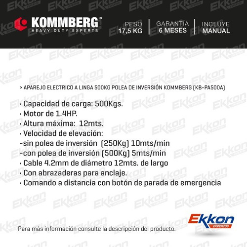 Imagen 2 de 7 de Aparejo Electrico Kommberg 500kg