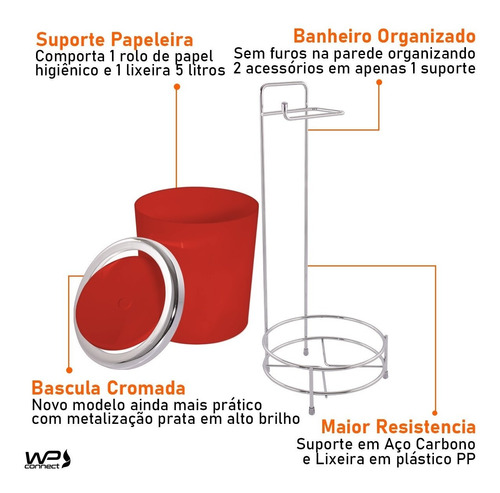 Suporte De Chão Papel Higiênico Com Lixeira Basculante Prata