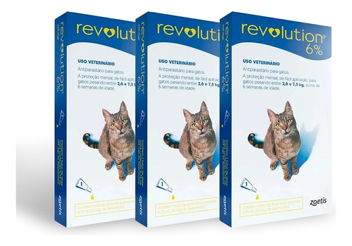 Revolution Zoetis  P/ Gatos De 2,6kg A 7,5kg 1un. Kit 3 Unid