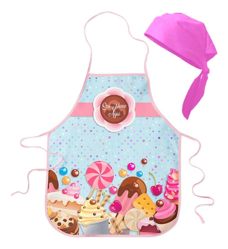 Avental De Cozinha Personalizado C/ Nome + Bandana Rosa Desenho Do Tecido Candy