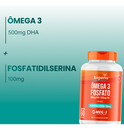 2x Ômega 3 Fosfato: 500mg Dha + 200mg Epa + 100mg de Fosfatidilserina | Meg-3® | Cérebro E Memória | 120 Cáps - Bigens