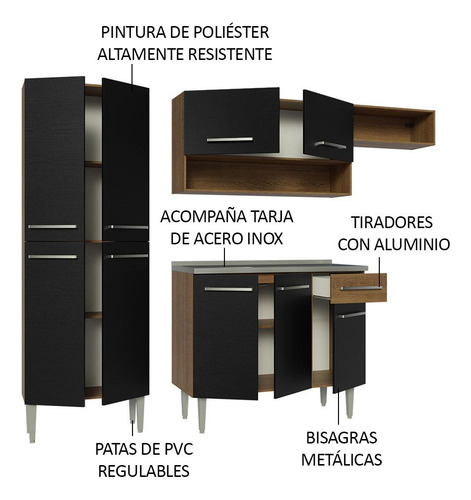 Cocina Integral Completa Madesa Emilly Fit Con Tarja Rn Color Marrón/Negro