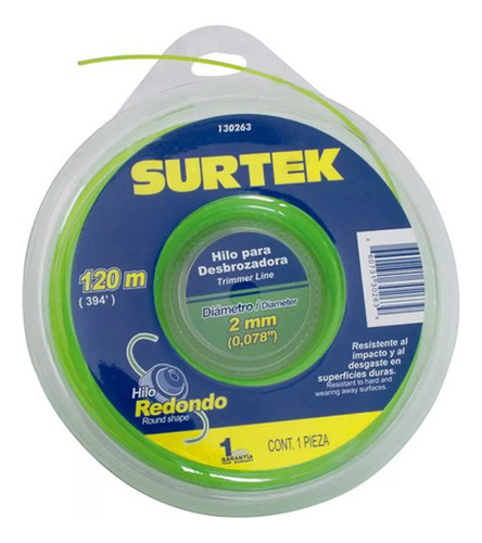 Nylon Para Desbrozadora 120 Mt Rollo Hilo Redo Surtek 130263