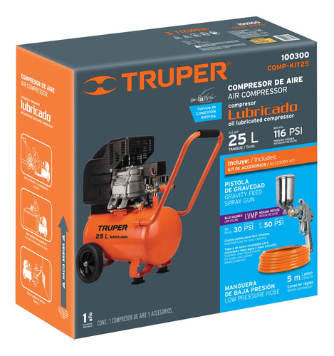 Kit Compresor De Aire 25l Manguera Y Pistola Truper 100300
