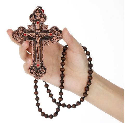 Collar De Cuentas De Madera Con Cruz De Jesús Con Crucifijo