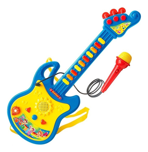 Guitarra Infantil C/ Microfone P/ Cantar Som E Luz Presente Cor Azul