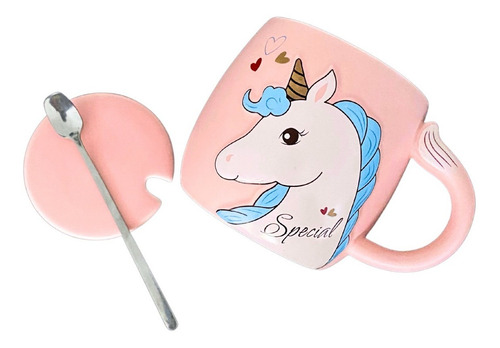 Taza Unicornio Rosa Con Tapa Y Cucharita