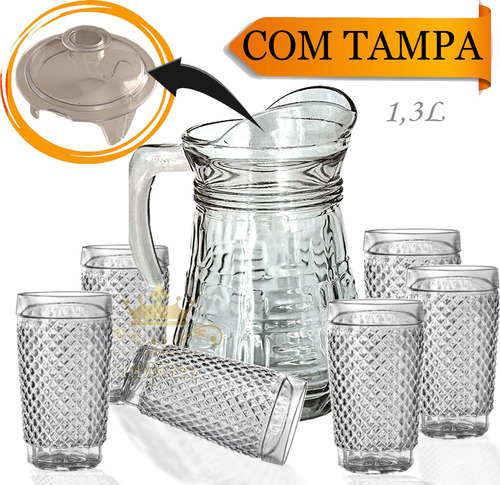 Jogo De Jarra Com Tampa E Copos 1,3 Kit Garrafa Vidro Grosso