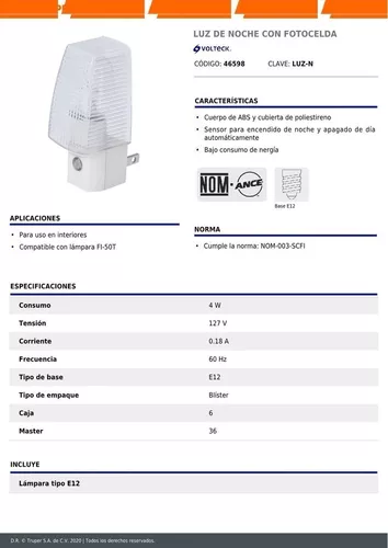 Luz de noche con sensor de luz, Volteck, Luces De Noche, 46598