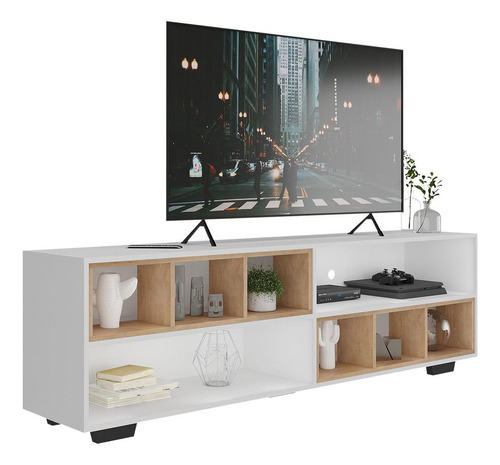 Rack Tv 75 Com Nichos E Pés Jazz Multimóveis V1023 B Cor Branco/Rustic/Preto