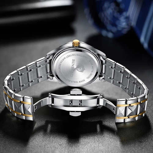 Reloj de pulsera BINBOND B5552M, analógico, para hombre, fondo plateado y oro, con correa de acero inoxidable color y hebilla de gancho