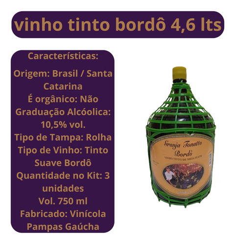 Vinho Tinto De Mesa Bordô Suave Granja Tonatto 4.6 Litros