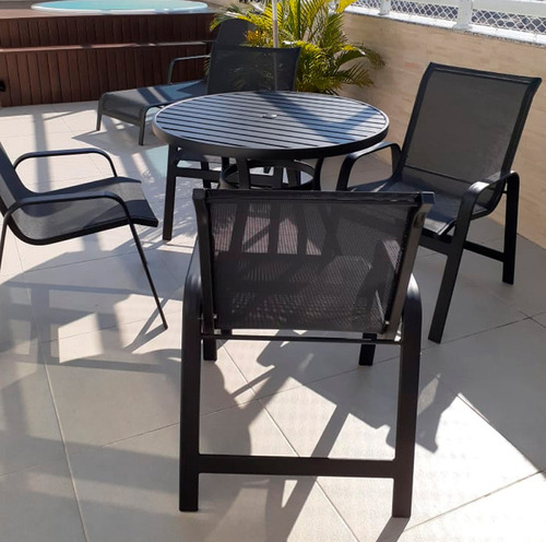 Jogo Conjunto De Mesa Ripada 90cm 4 Cadeiras Piscina Jardim Estrutura Preto