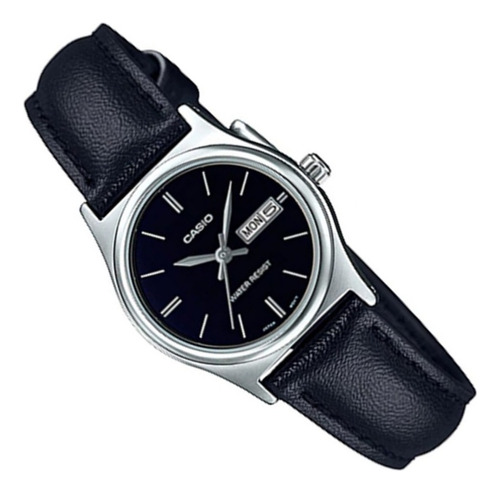 Reloj Casio De Dama Ltp-v006l-1b2, Doble Fechador Color de la correa Negro Color del bisel Plateado Color del fondo Negro