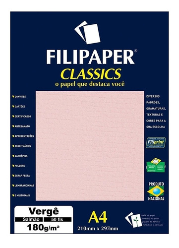 Papel Especial Vergê Salmão A4 180g/m² 50 Fls Filipaper