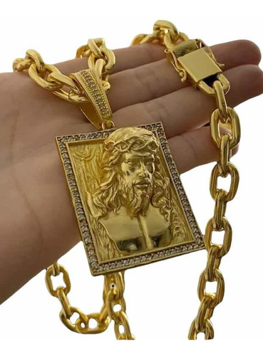 Cordão Cadeado 14mm Banhado Ouro + Pingente 3d Jesus Cristo