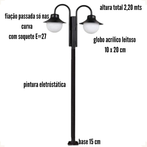 Poste De Jardim Externo Com Chapeú 2,20m Globo Acrílico Pret