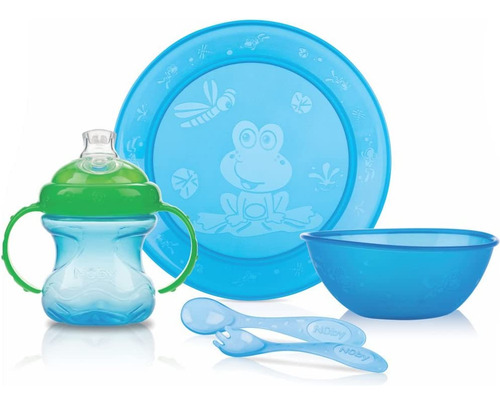 Kit Alimentação Bowl Prato Raso Copo Bico Silicone Talheres Cor Azul