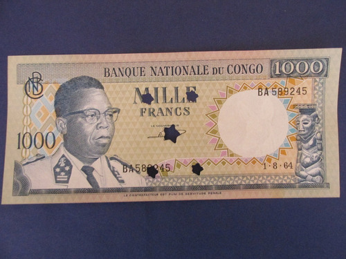 Billete Republica Democratica Del Congo 1.000 Francos 1964