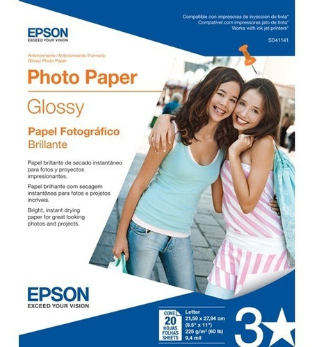 Papel Epson Glossy Photo Paper, Carta, 20 Hojas