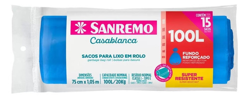 Saco De Lixo Reforçado Azul Sanremo 100 Litros Com 15 Un. Cor Azul