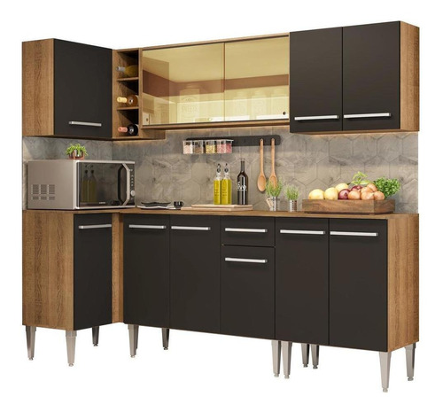 Cozinha Completa Canto Madesa Emilly Play Armário Reflex Rp Cor Rustic/Preto