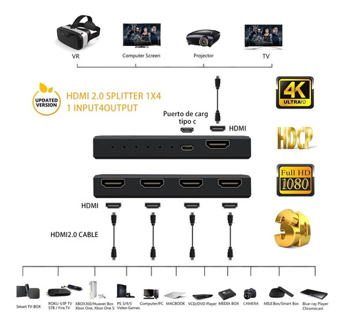 De Divisor Hdmi Splitter 1 En 4 3d 4k 1 Entrada 4 Salidas