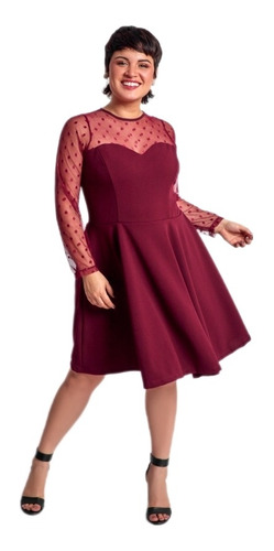 Imagen 1 de 3 de Bonito Vestido Para Gorditas Con Mangas Tul Puntos L, Xl, Xx