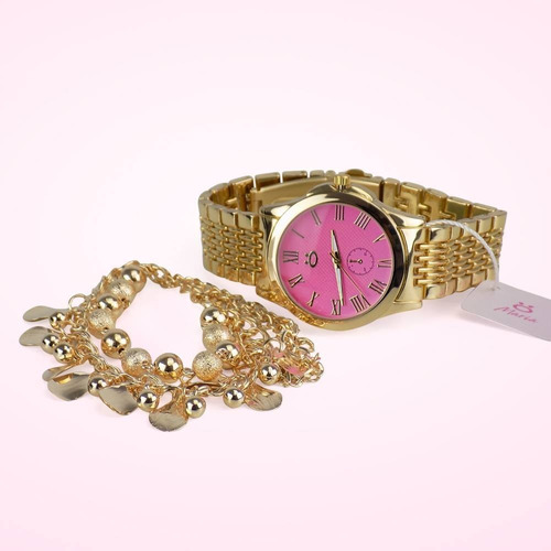 Kit Relógio Feminino Dourado+pulseira Bonito 100% Original