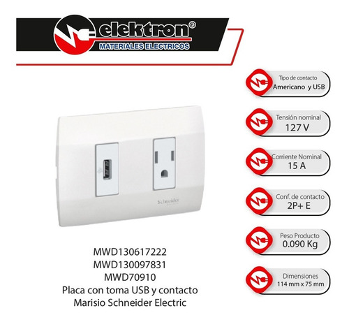 Imagen 2 de 8 de Placa Con Toma Usb Y Contacto Marisio Schneider Electric