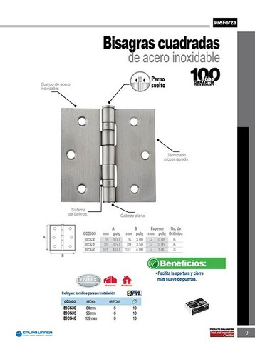Bisagra Cuadrada Acero Inoxidable 3x3 In Bics30 Proforza