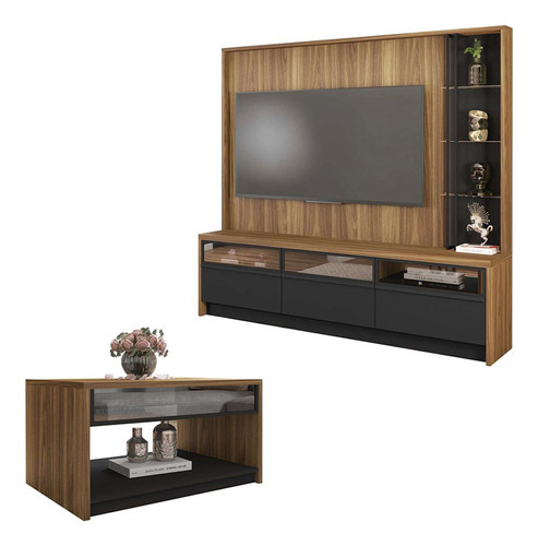 Kit Conjunto Sala Home Theater Mesa Vectro Caemmun Cor Marrom-escuro