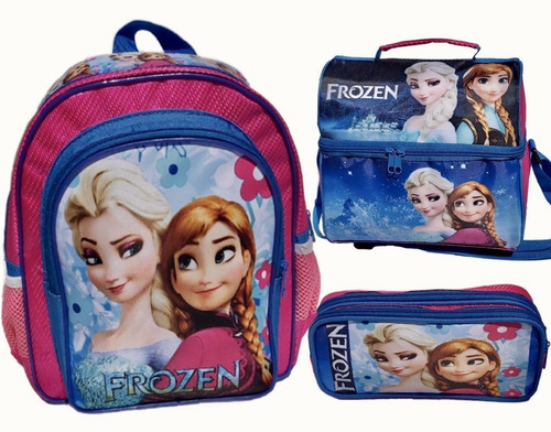 Imagen 1 de 9 de Set De Mochila Kinder Lonchera Térmica Lapicera Doble Frozen