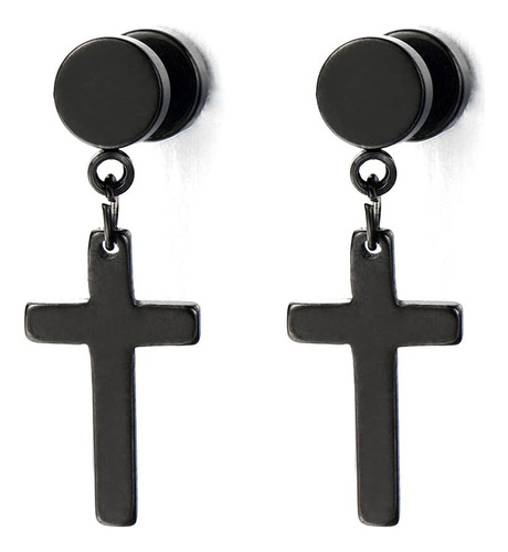 Par De Aretes De Tuerca Negros Con Cruz, Unisex, Para Hombre