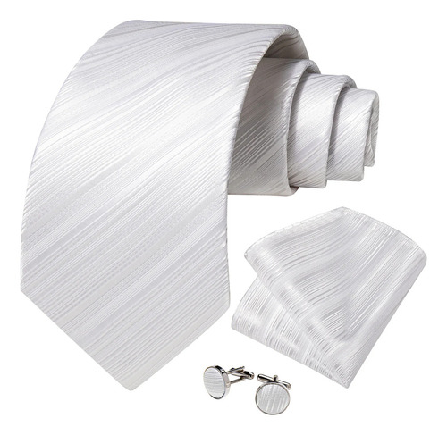 Kit Gravata Clássica Seda Branco Noivo 8cm Lenço Abotoaduras Comprimento 150 Cm Desenho Do Tecido Listras