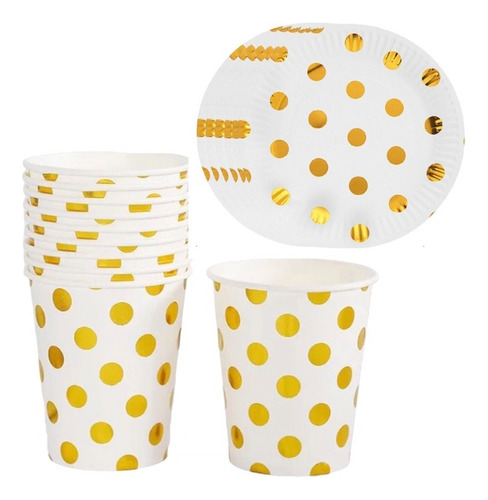 Set 20 Vasos Y 20 Platos Lunares Dorados Cotillón