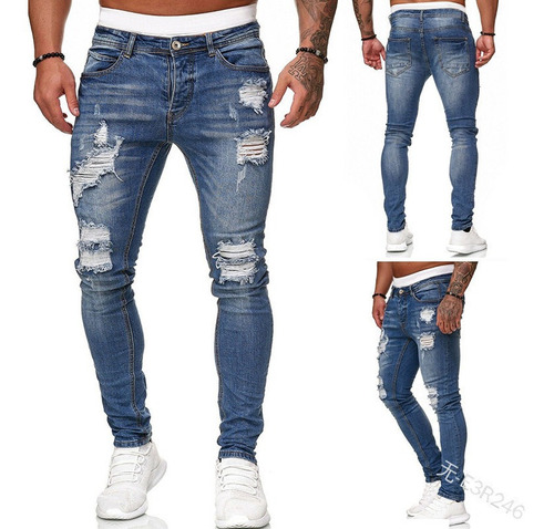 Nuevos Jeans Ajustados Ajustados Negros De Moda Rasgados