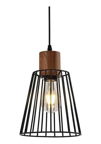 comprar Colgante Cónico Reja Metal Negro\u002Fmadera  E27 Ø20cm