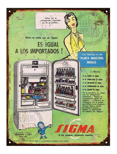 Cartel Chapa Publicidad Antigua Heladera Sigma M679