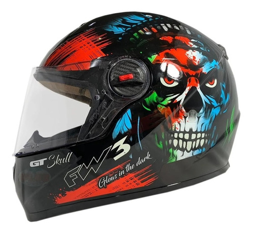 Capacete Fechado Fw3 Gt Skull Caveira Moto Brilha Escuro 60 Cor Preto Tamanho do capacete 60/L