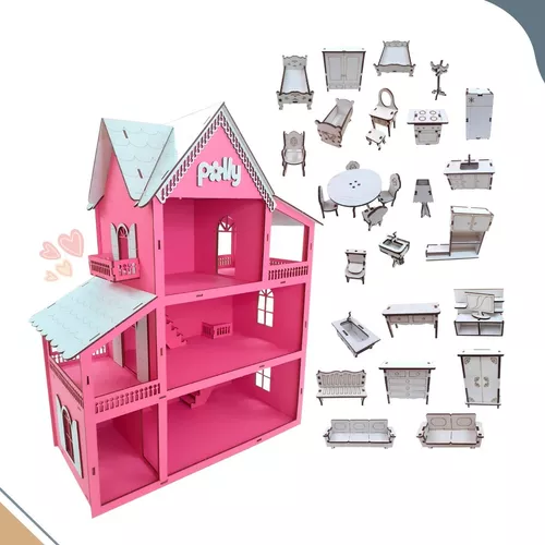 Casa Casinha Para Bonecas Barbie Polly Madeira Mdf Rosa e Branco