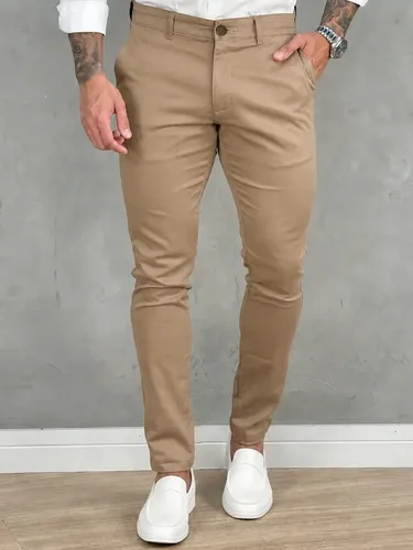 Calça Masculina Sarja Premium Social Esport Fino Bolso Lycra Bege Liso 42