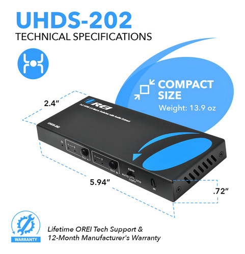 Matriz Conmutadora 2x2 Hdmi Orei 4k, 18g Ultrahd Soporta Hasta 4k @ 60hz Y 1080p Ir Edid Hdcp 2.0 (2 Entradas - 2 Salidas) Incluye Control Remoto