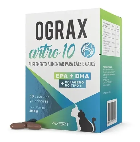 Ograx Artro 10 Avert 30 Cápsulas Colágeno Ômega 3 Cães E Gatos