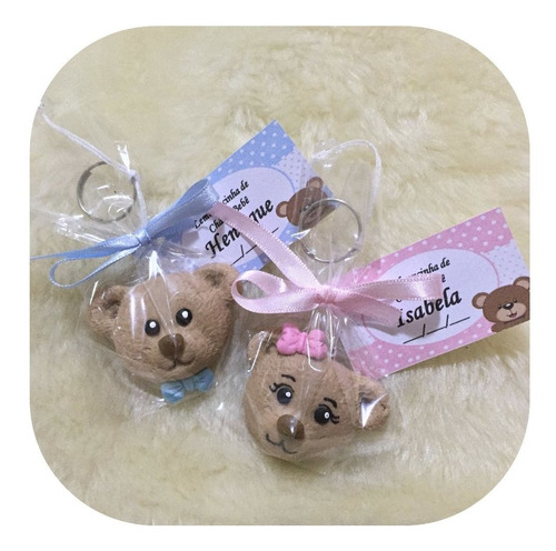 Kit 80 Lembrancinha Urso Biscuit Nascimento Chaveiro Com Tag