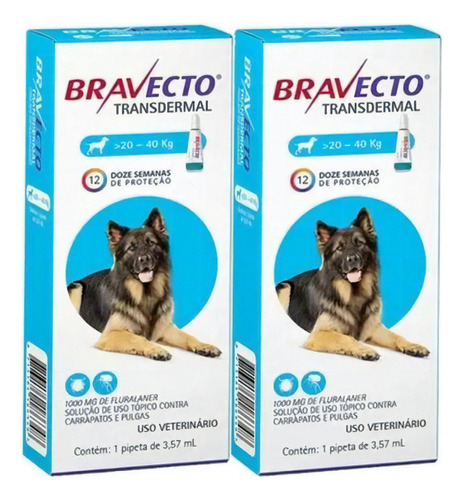 Combo 02 Un Bravecto Transdermal Cães 1000 Mg 20 A 40 Kg